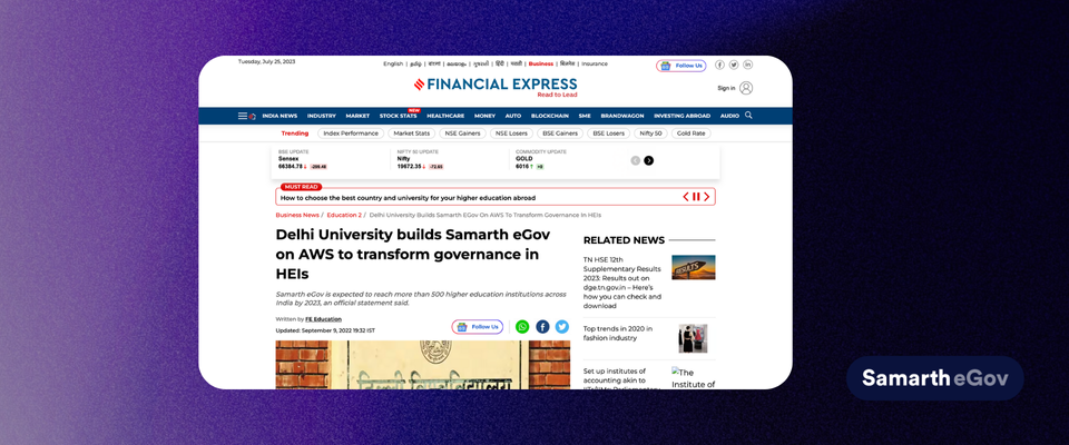 Delhi University builds Samarth eGov on AWS to transform governance in HEIs: The Financial Express, 9 September 2022