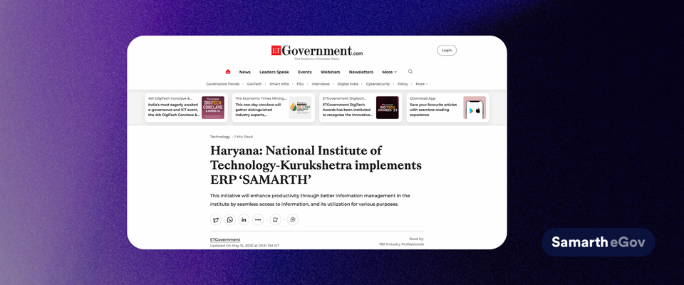 Haryana: National Institute of Technology-Kurukshetra implements ERP ‘SAMARTH’: Economic Times, May 15, 2020